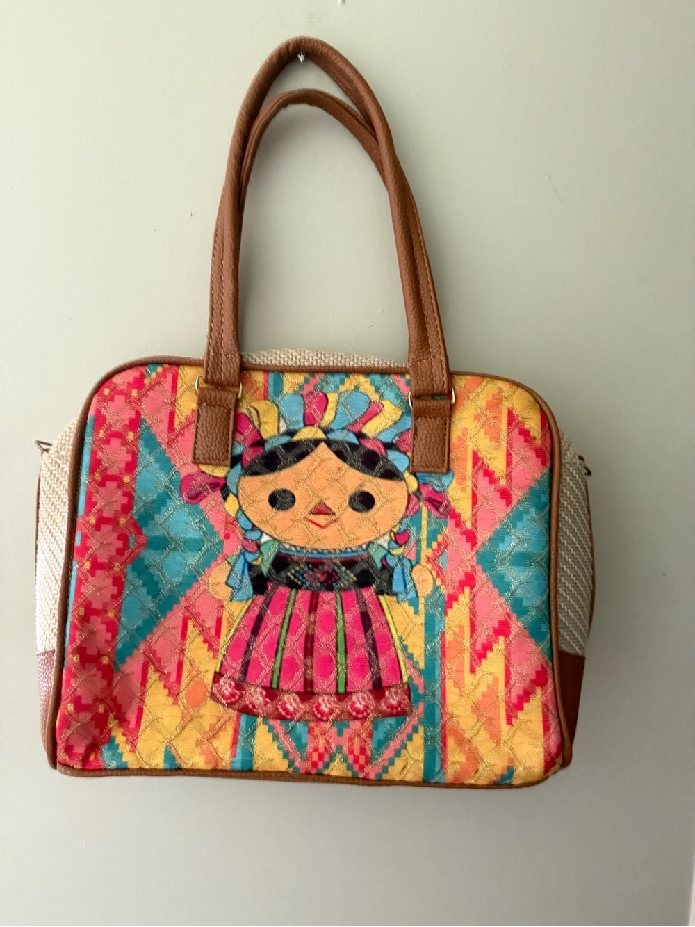 Frida Kahlo Colorful Hand-Embroidered Doll Tote Bag - Pink, Turquoise & Yellow - Picture 2 of 3